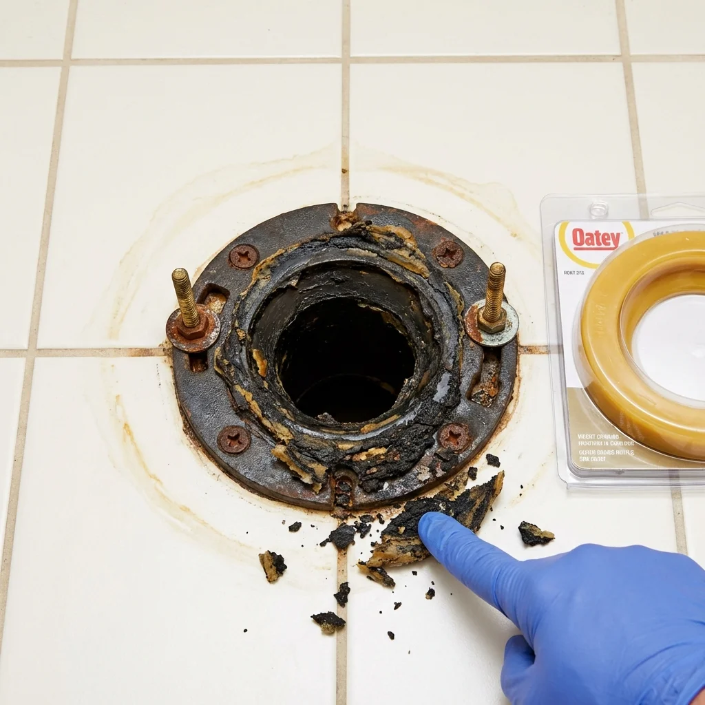 Failed wax ring showing water seepage at the base of a toilet in a Miami, AZ home