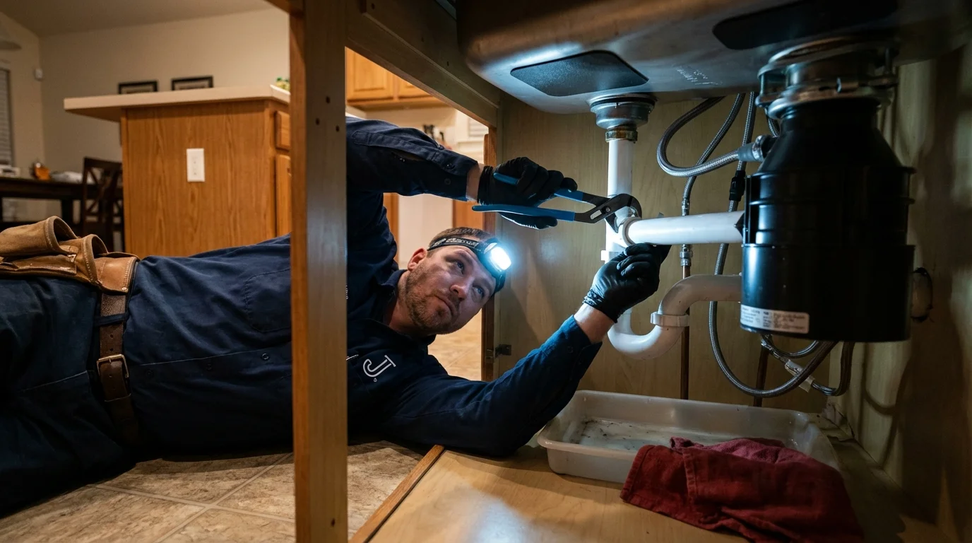 P-trap and supply line connections under a kitchen sink showing a common leak point in Miami, AZ